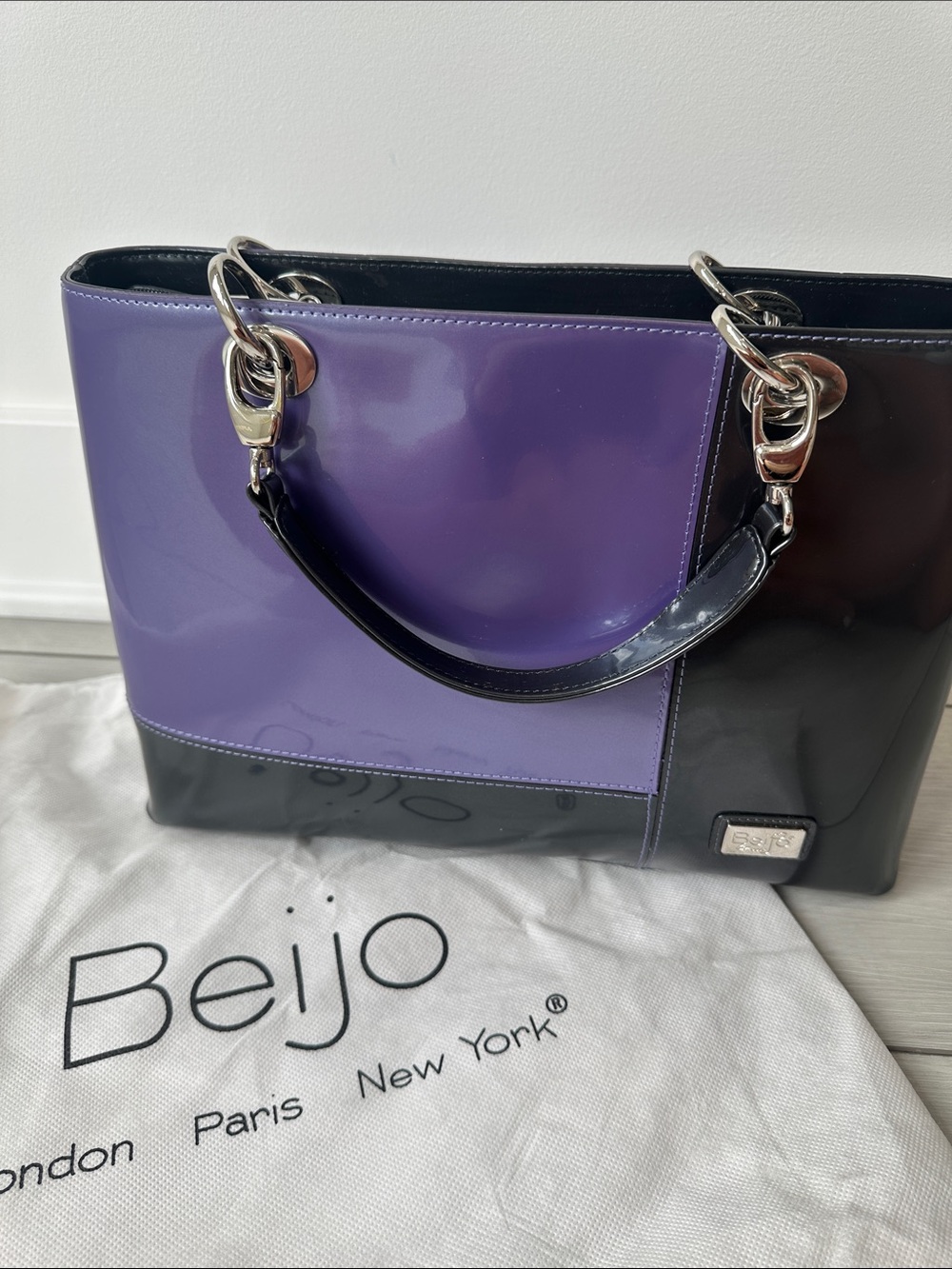 Beijo Purple and Black Patent Satchel w Silver Hardware long straps & short